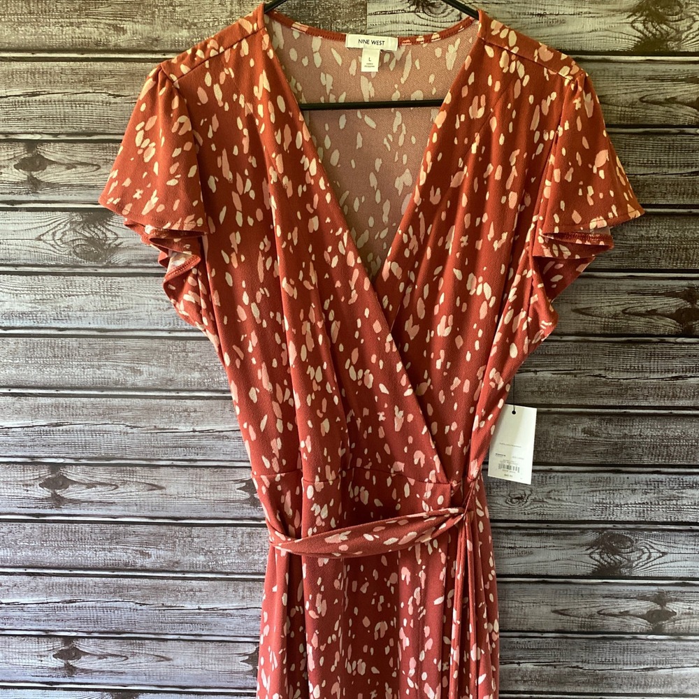 Nine West Women's Short-Sleeved Dress Size L Rust Faux-Wrap Belt Knee-Length NWT